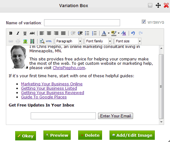 Visual Website Optimizer Variation Box